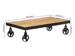 Mesa de centro con ruedas madera maciza de mango 100x55x26 cm