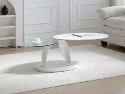Mesa de centro con tableros pivotantes de cerámica, vidrio templado y metal - Blanco - MANEYA