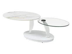 Mesa de centro con tableros pivotantes de cerámica, vidrio templado y metal - Blanco - MANEYA