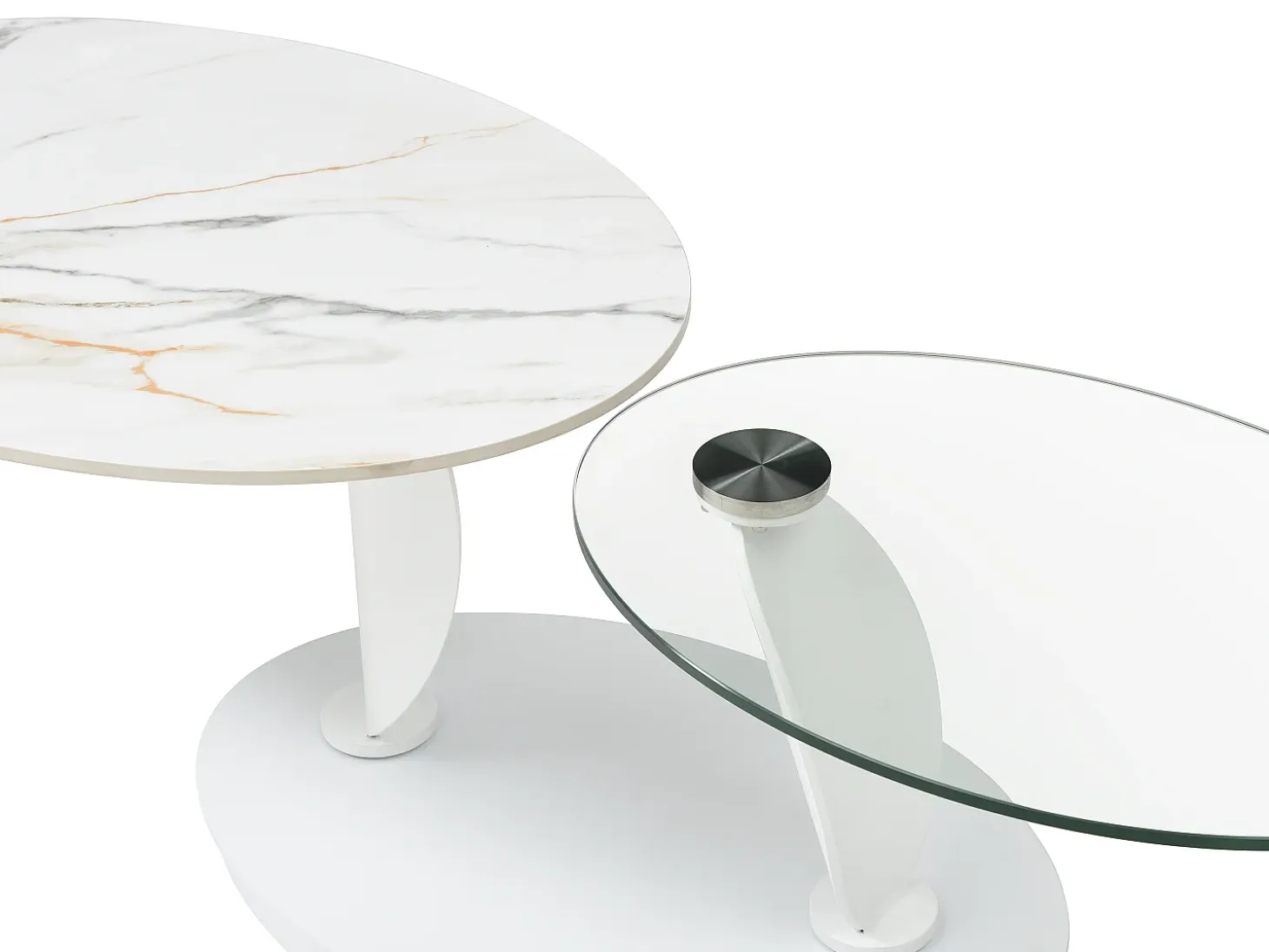 Mesa de centro con tableros pivotantes de cerámica, vidrio templado y metal - Blanco - MANEYA