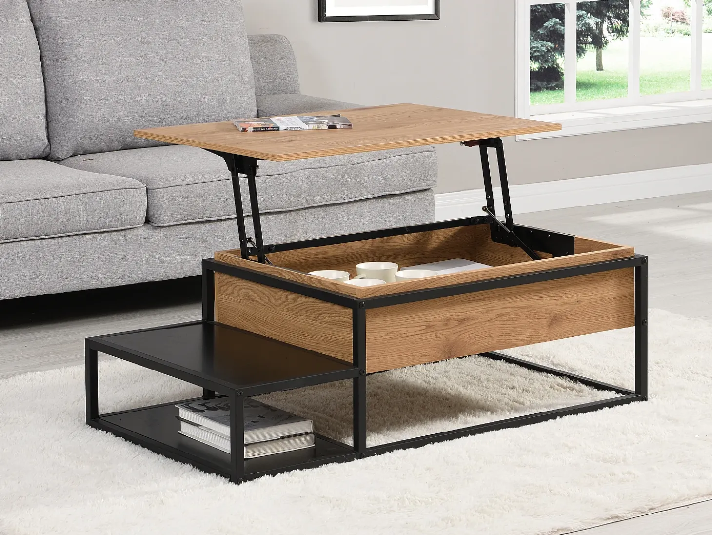Mesa de centro con tablero elevable - MDF y metal - Natural y negro - LUTESA