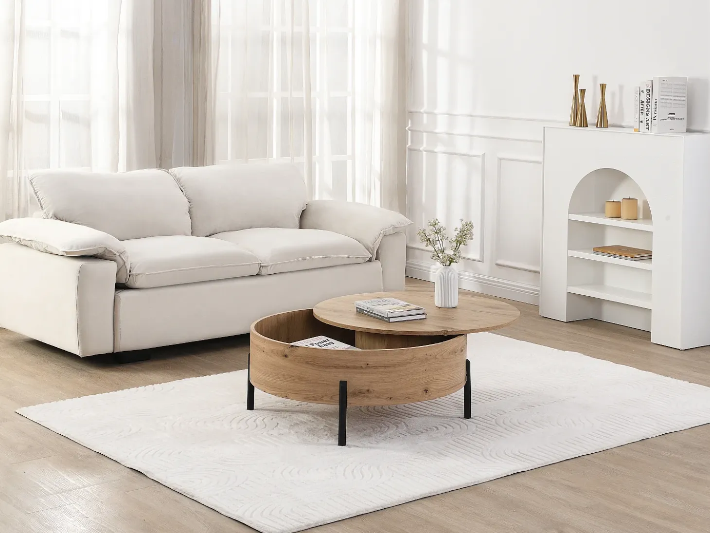 Mesa de centro con tablero giratorio en MDF y acero - Natural - YEMELIA