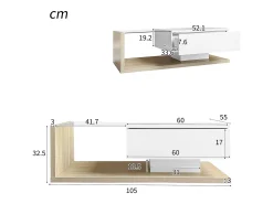 Mesa de centro con un cajón y estantes - LED - 105x55x32,5cm - Tablero de partículas - Blanco brillo y madera
