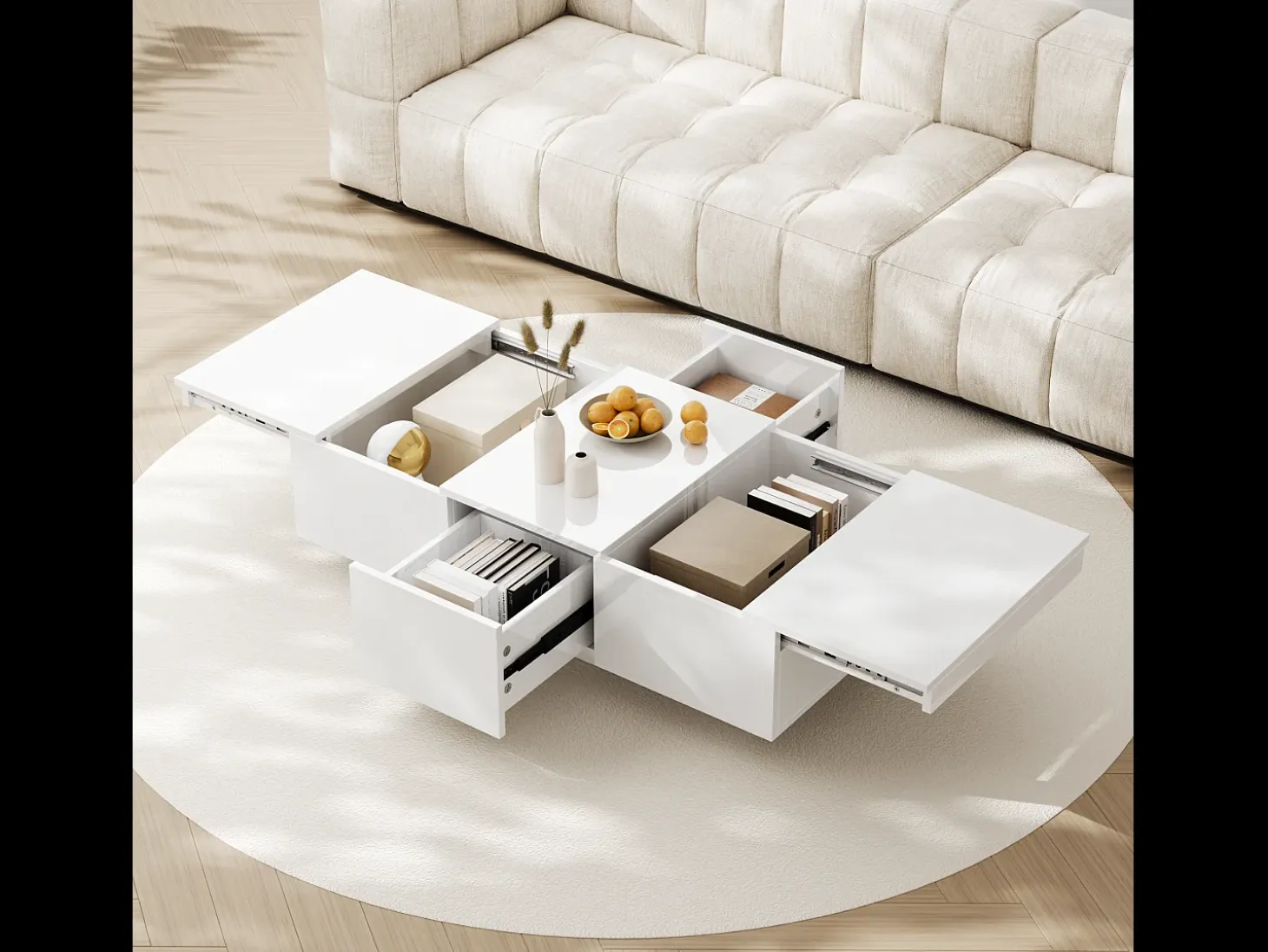 Mesa de centro corredera con 2 cajones - 100 L x 50 W x 31 H cm - efecto alto brillo - Tablero de partículas - Blanco