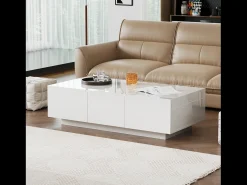 Mesa de centro corredera con 2 cajones - 100 L x 50 W x 31 H cm - efecto alto brillo - Tablero de partículas - Blanco