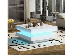 Mesa de centro cuadrada - 70 x 70 x 36 cm - con LED de 16 colores - aglomerado - blanco
