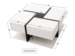 Mesa de centro cuadrada brillante con 4 cajones, tablero de partículas, blanco, 78 x 78 x 36 cm