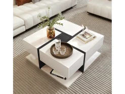 Mesa de centro cuadrada brillante con 4 cajones, tablero de partículas, blanco, 78 x 78 x 36 cm
