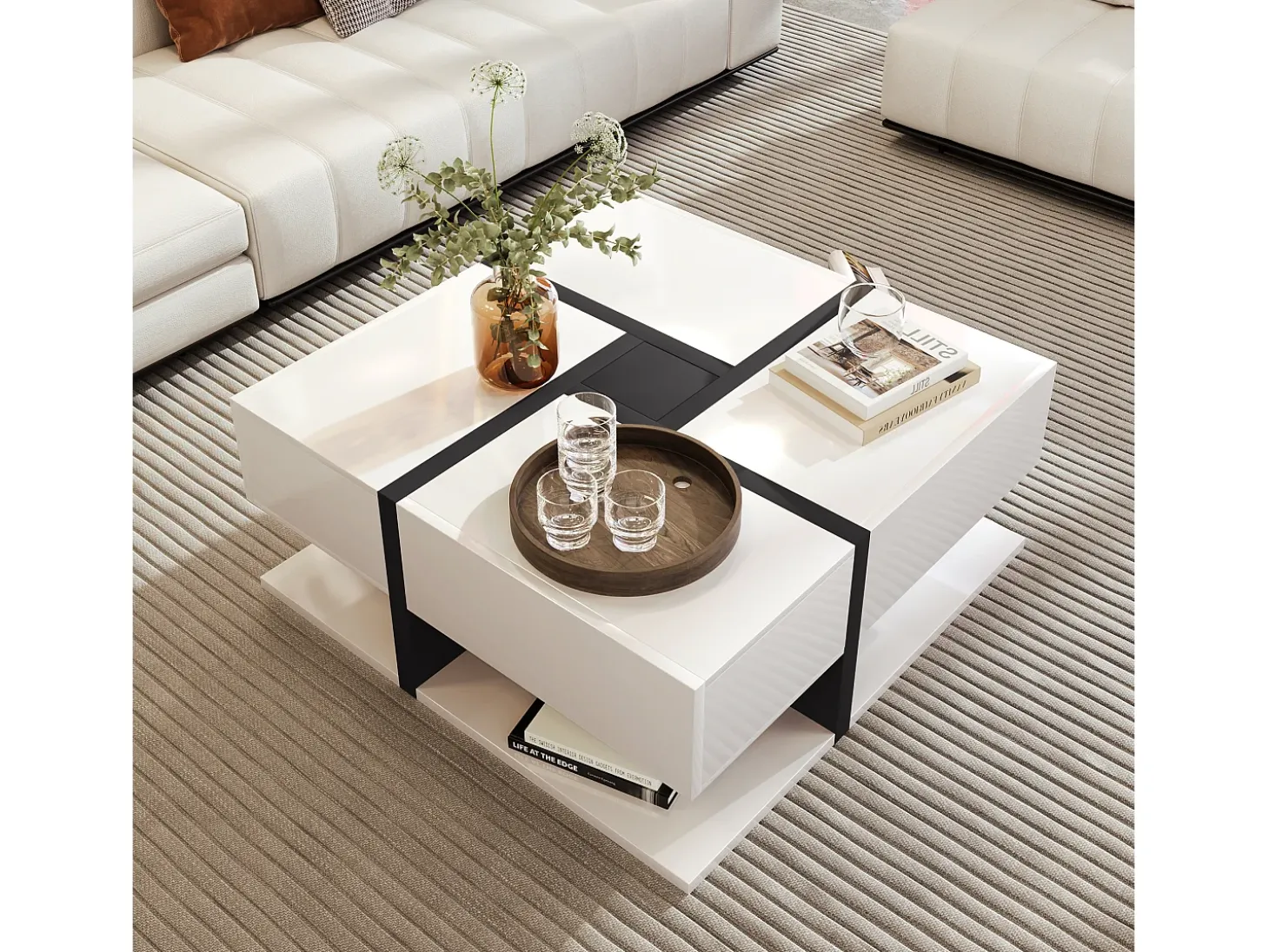 Mesa de centro cuadrada brillante con 4 cajones, tablero de partículas, blanco, 78 x 78 x 36 cm