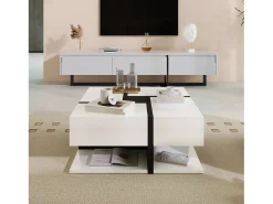 Mesa de centro cuadrada brillante con 4 cajones, tablero de partículas, blanco, 78 x 78 x 36 cm