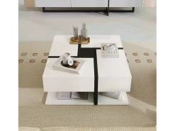 Mesa de centro cuadrada brillante con 4 cajones, tablero de partículas, blanco, 78 x 78 x 36 cm