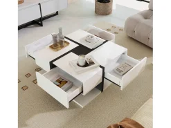 Mesa de centro cuadrada brillante con 4 cajones, tablero de partículas, blanco, 78 x 78 x 36 cm
