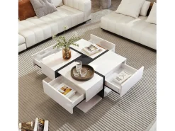 Mesa de centro cuadrada brillante con 4 cajones, tablero de partículas, blanco, 78 x 78 x 36 cm