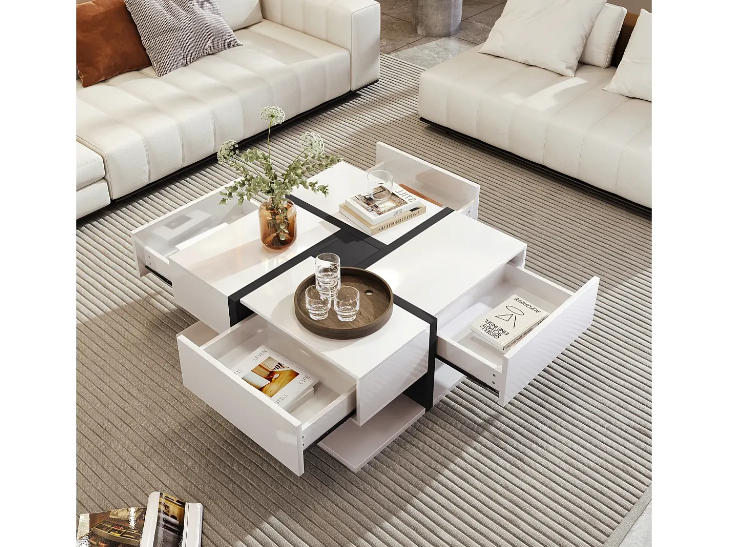Mesa de centro cuadrada brillante con 4 cajones, tablero de partículas, blanco, 78 x 78 x 36 cm