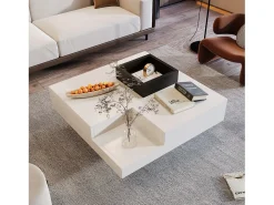 Mesa de centro cuadrada con caja de almacenamiento extraíble - 72 x 72 x 30 cm - tablero de partículas - diseño de mármol - blanco