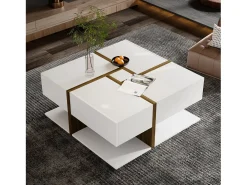 Mesa de centro cuadrada con 4 cajones - 78 x 78 x 34,8 cm - Tablero de partículas - Blanco brillante