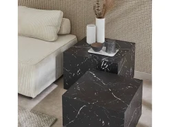 Mesa de centro cuadrada con efecto mármol, set de 2 negro