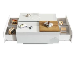 Mesa de centro cuadrada con 4 cajones y 2 bandejas deslizantes pequeñas - 75 x 75 x 33,5 cm - Tablero de partículas - Blanco