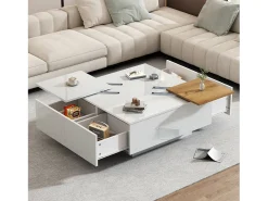 Mesa de centro cuadrada con 4 cajones y 2 bandejas deslizantes pequeñas - 75 x 75 x 33,5 cm - Tablero de partículas - Blanco