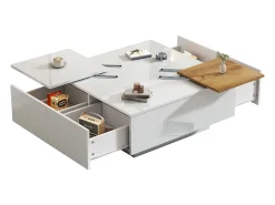Mesa de centro cuadrada con 4 cajones y 2 bandejas deslizantes pequeñas - 75 x 75 x 33,5 cm - Tablero de partículas - Blanco
