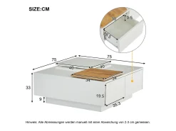 Mesa de centro cuadrada con 4 cajones y 2 bandejas deslizantes pequeñas - 75 x 75 x 33,5 cm - Tablero de partículas - Blanco