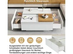 Mesa de centro cuadrada con 4 cajones y 2 bandejas deslizantes pequeñas - 75 x 75 x 33,5 cm - Tablero de partículas - Blanco