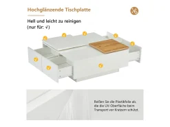 Mesa de centro cuadrada con 4 cajones y 2 bandejas deslizantes pequeñas - 75 x 75 x 33,5 cm - Tablero de partículas - Blanco