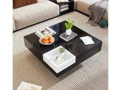 Mesa de centro cuadrada con caja de almacenamiento - 72 x 72 x 30 cm - LED - Tablero de partículas - Negro + blanco