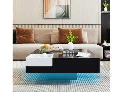 Mesa de centro cuadrada con caja de almacenamiento - 72 x 72 x 30 cm - LED - Tablero de partículas - Negro + blanco