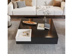 Mesa de centro cuadrada con caja de almacenamiento - 72 x 72 x 30 cm - LED - Tablero de partículas - Negro + blanco