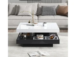 Mesa de centro cuadrada con 4 compartimentos y tablero giratorio - 70 x 70 x 36 cm - Tablero de partículas - Negro + blanco