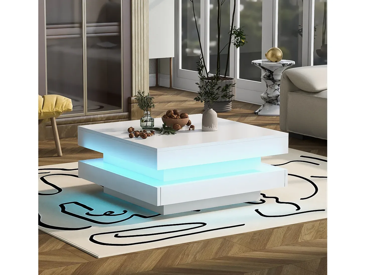 Mesa de centro cuadrada iluminada 70x70 cm, iluminación LED Bluetooth, diseño futurista, lacada en blanco