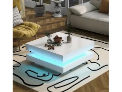 Mesa de centro cuadrada iluminada 70x70 cm, iluminación LED Bluetooth, diseño futurista, lacada en blanco