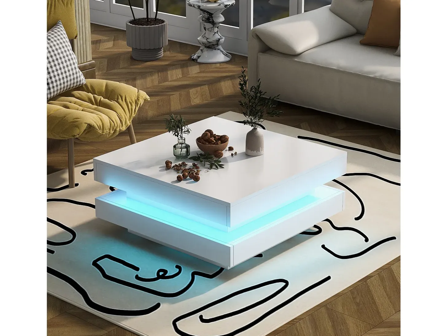 Mesa de centro cuadrada iluminada 70x70 cm, iluminación LED Bluetooth, diseño futurista, lacada en blanco