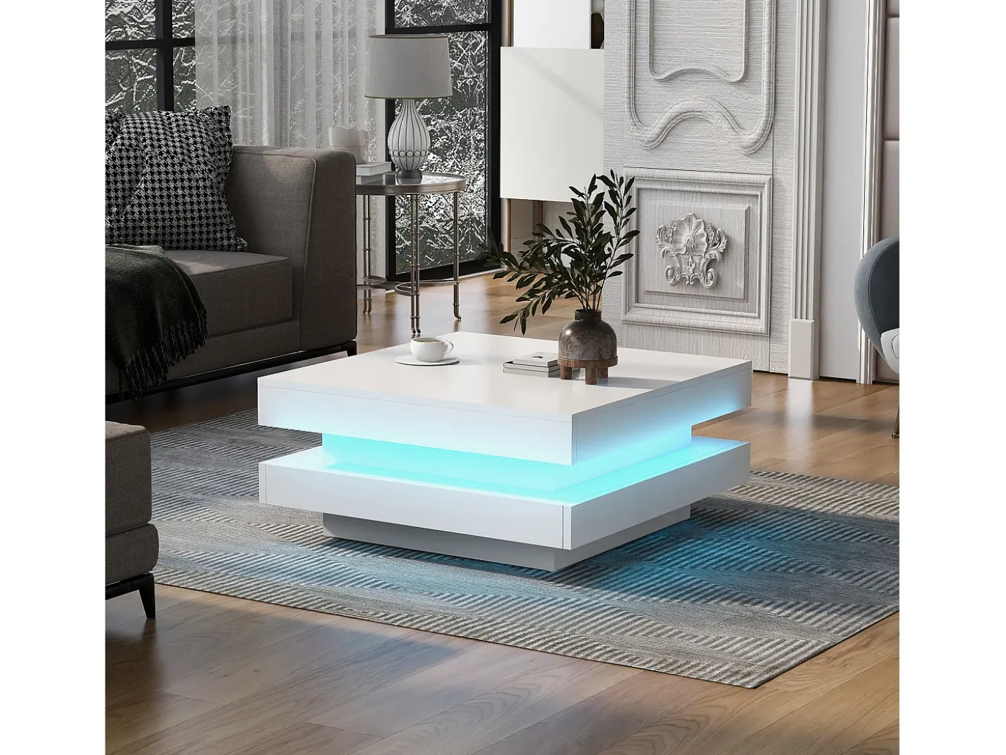 Mesa de centro cuadrada iluminada 70x70 cm, iluminación LED Bluetooth, diseño futurista, lacada en blanco