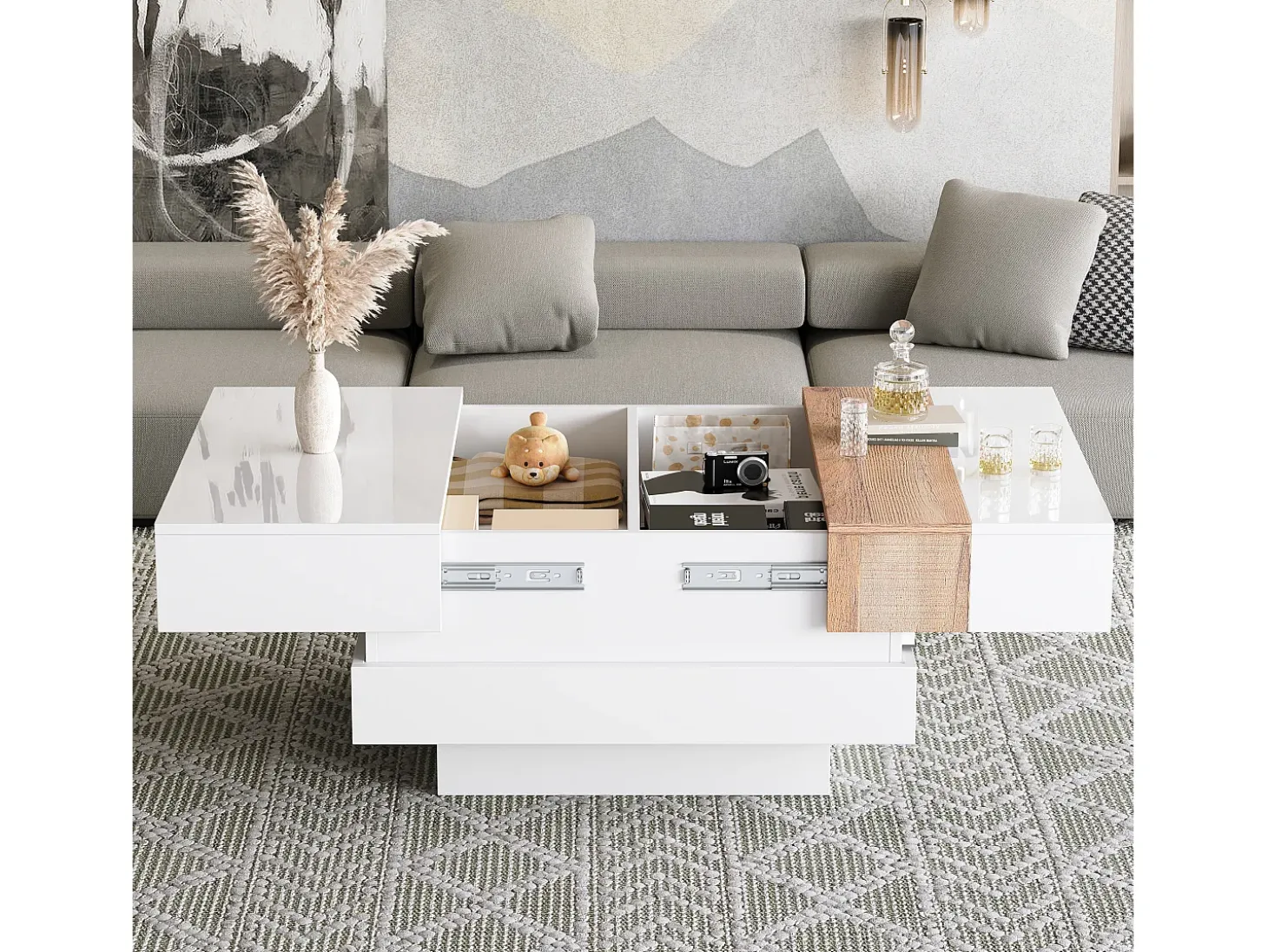 Mesa de centro cuadrada 70x70x39cm con tapa extensible y espacio de almacenaje oculto, color blanco y madera clara