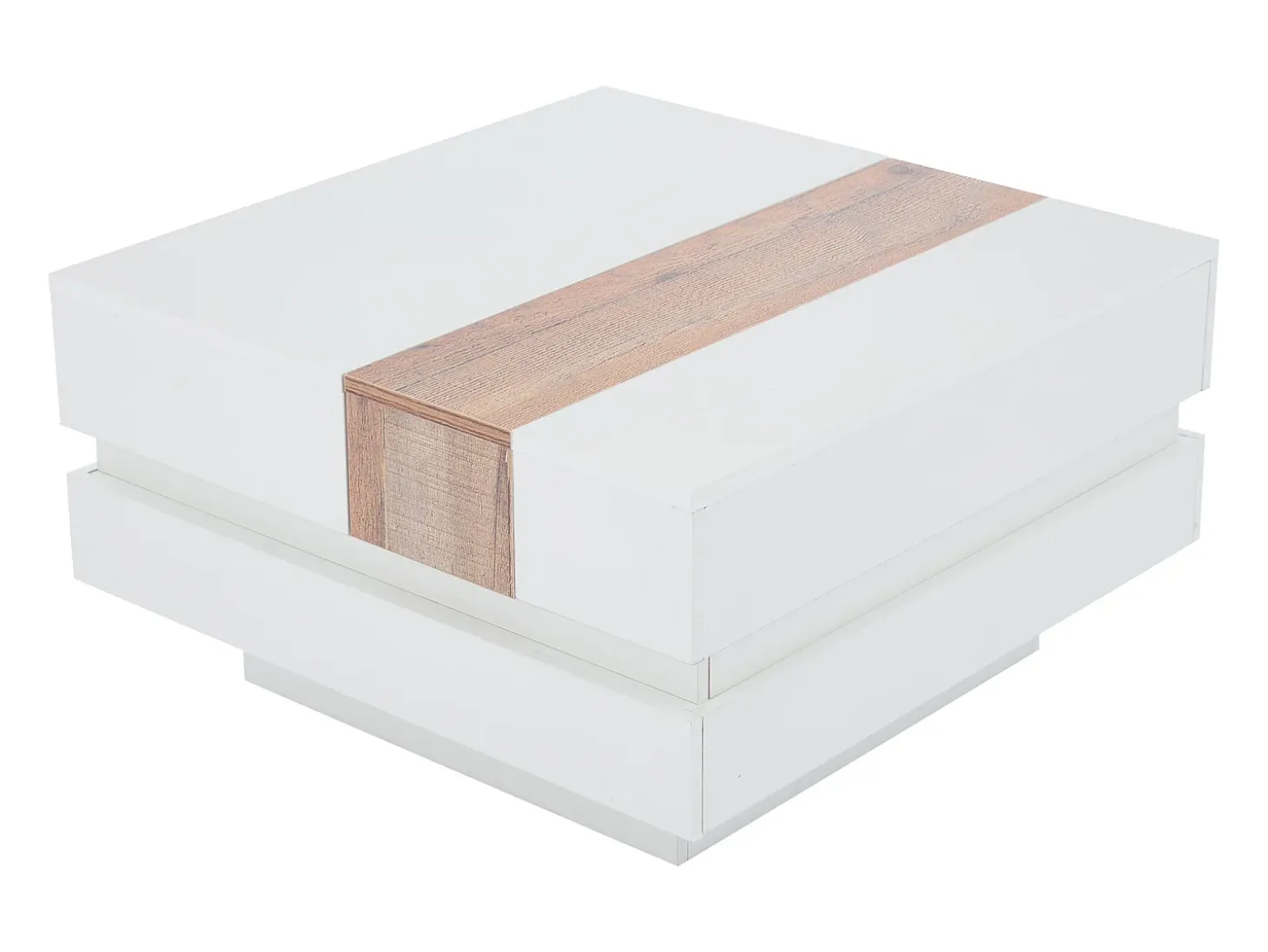 Mesa de centro cuadrada 70x70x39cm con tapa extensible y espacio de almacenaje oculto, color blanco y madera clara