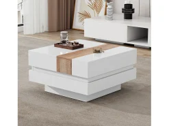 Mesa de centro cuadrada 70x70x39cm con tapa extensible y espacio de almacenaje oculto, color blanco y madera clara