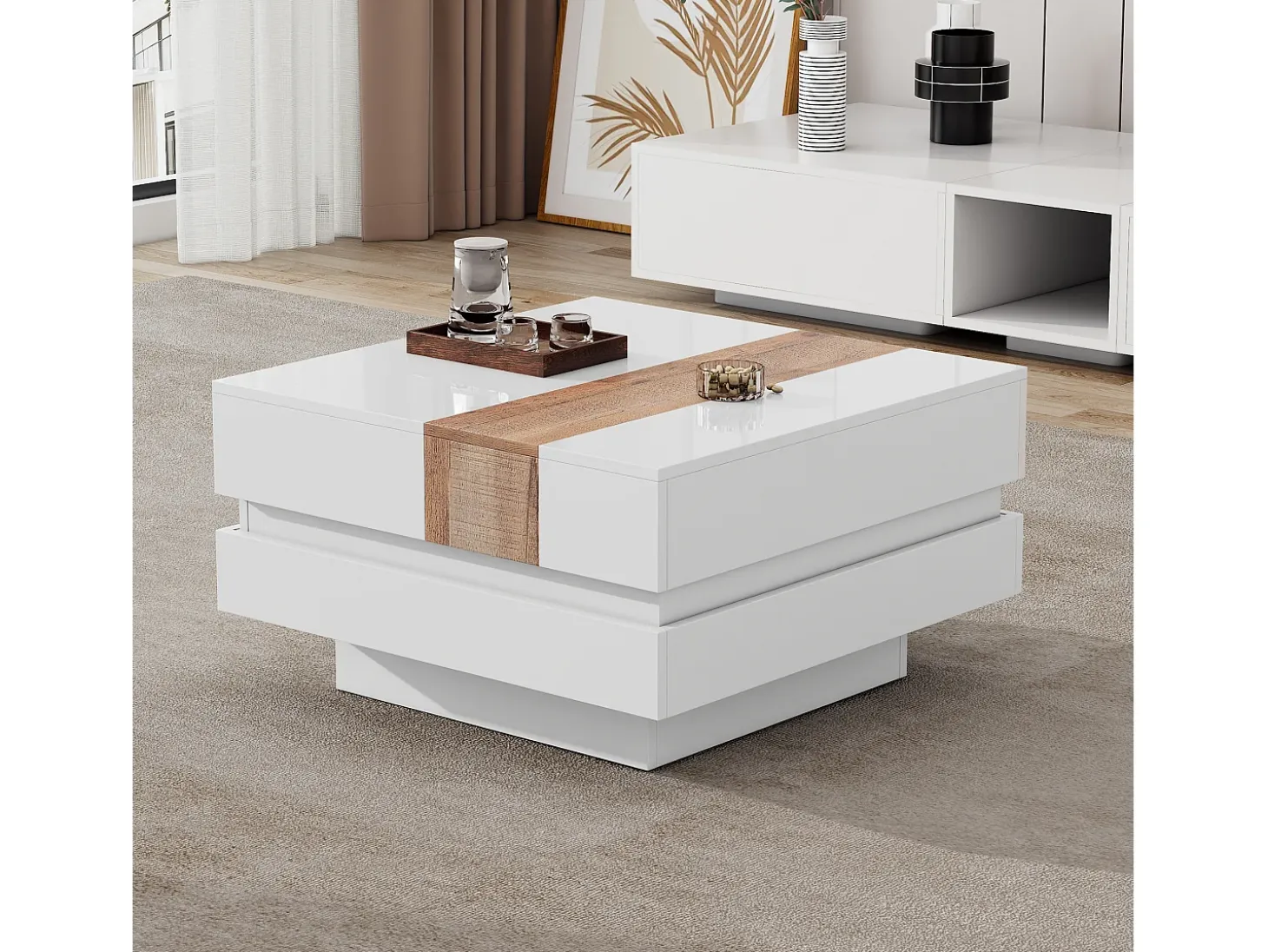 Mesa de centro cuadrada 70x70x39cm con tapa extensible y espacio de almacenaje oculto, color blanco y madera clara