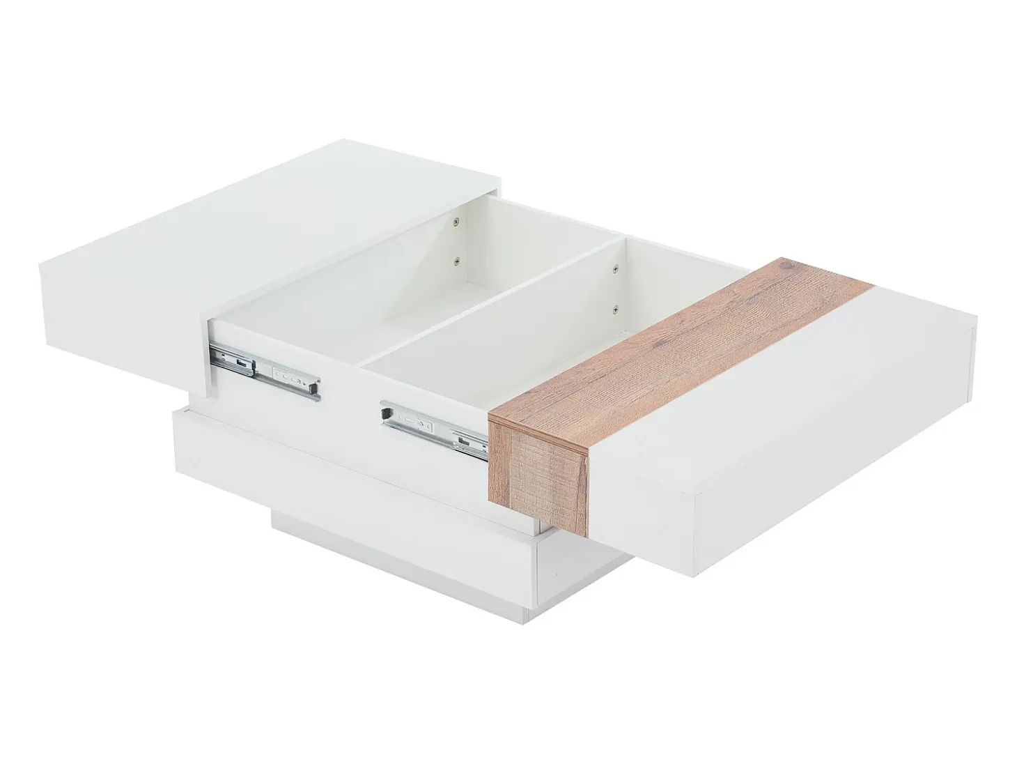 Mesa de centro cuadrada 70x70x39cm con tapa extensible y espacio de almacenaje oculto, color blanco y madera clara