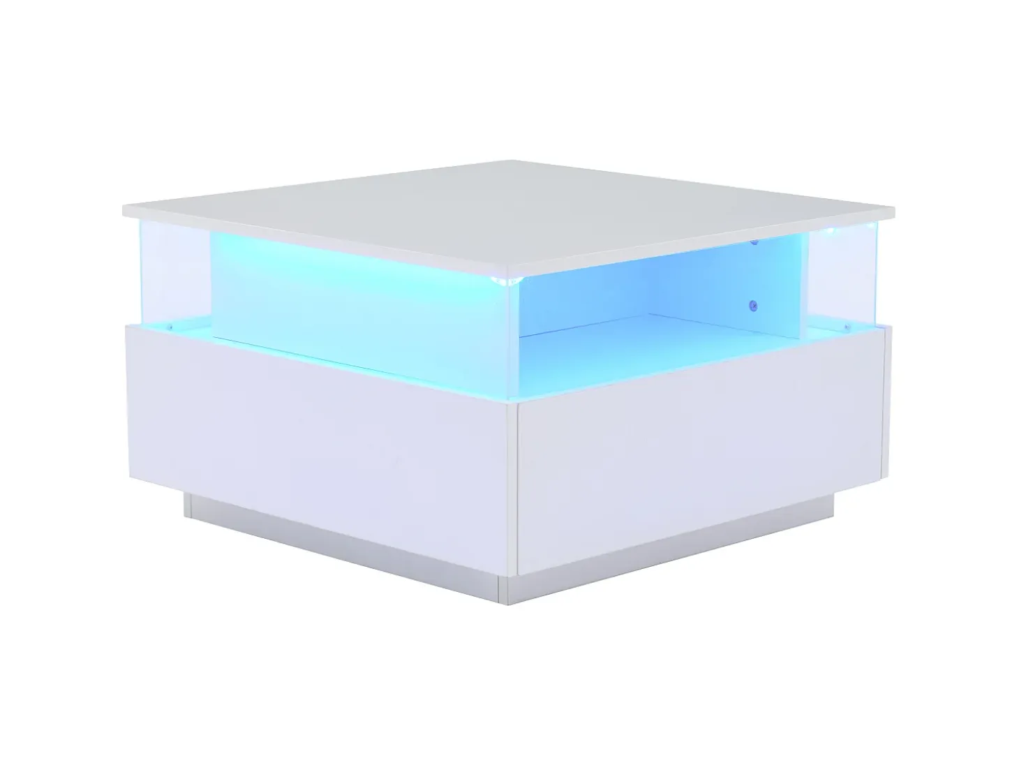 Mesa de centro cuadrada 70x70x41cm con 2 cajones y LED, cuerpo en lacado blanco brillo