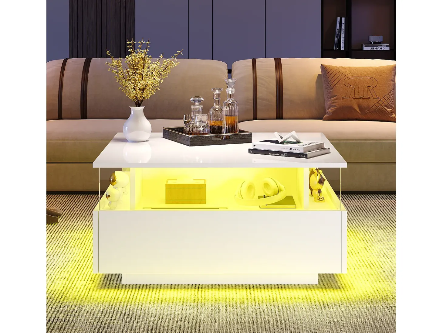 Mesa de centro cuadrada 70x70x41cm con 2 cajones y LED, cuerpo en lacado blanco brillo