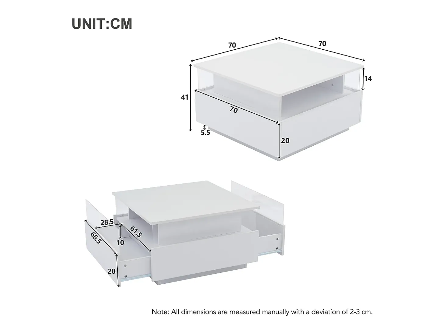 Mesa de centro cuadrada 70x70x41cm con 2 cajones y LED, cuerpo en lacado blanco brillo