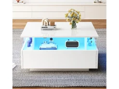 Mesa de centro cuadrada 70x70x41cm con 2 cajones y LED, cuerpo en lacado blanco brillo