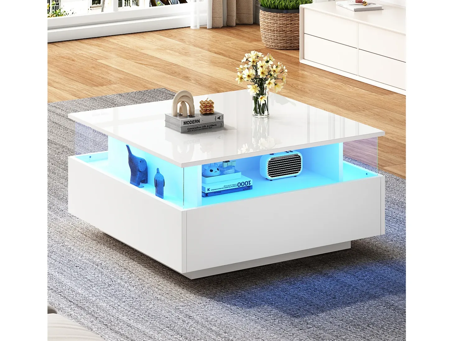 Mesa de centro cuadrada 70x70x41cm con 2 cajones y LED, cuerpo en lacado blanco brillo