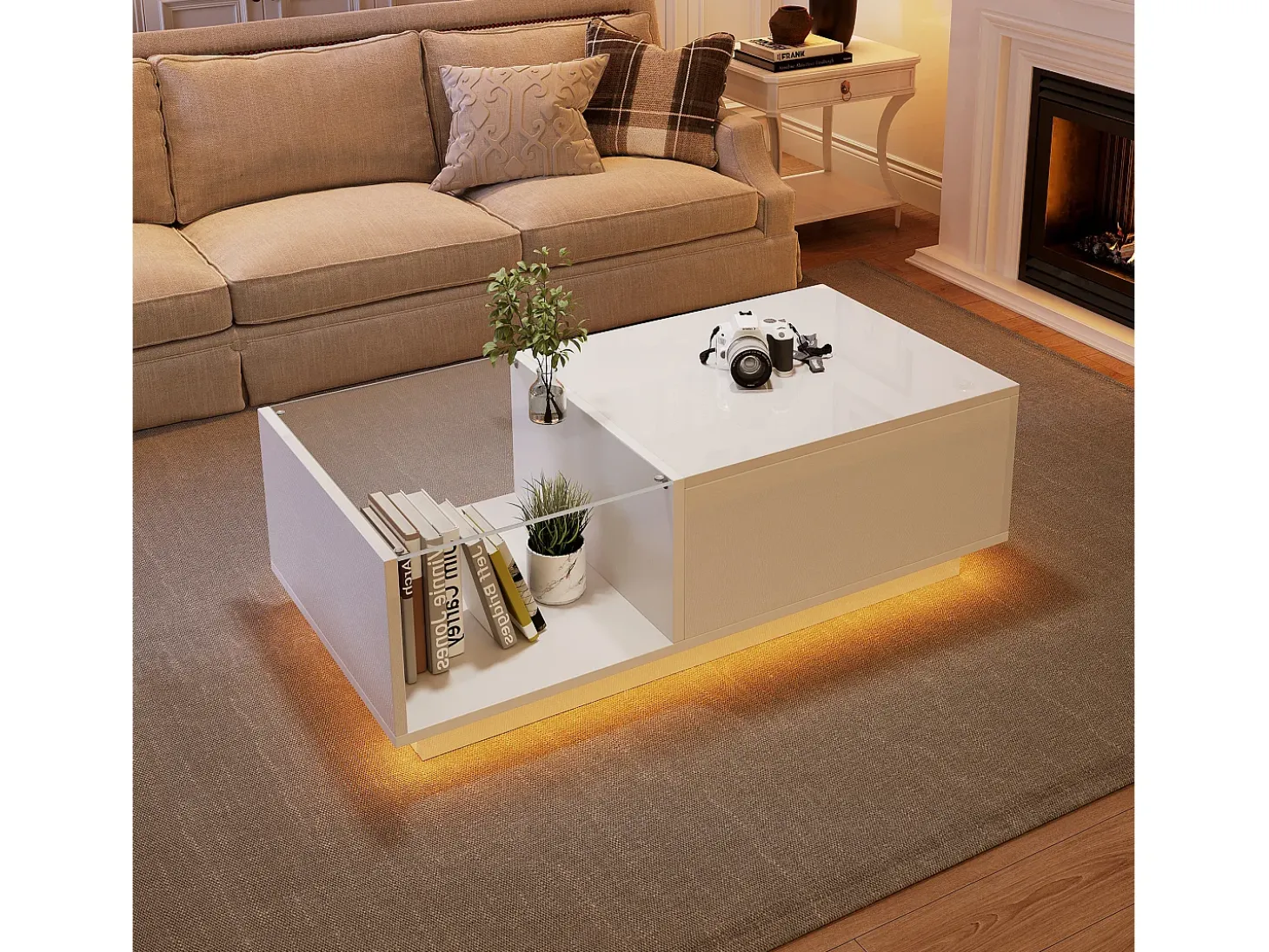 Mesa de centro de alto brillo - altura ajustable - con almacenamiento + estantes - blanco