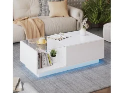 Mesa de centro de alto brillo - altura ajustable - con almacenamiento + estantes - blanco