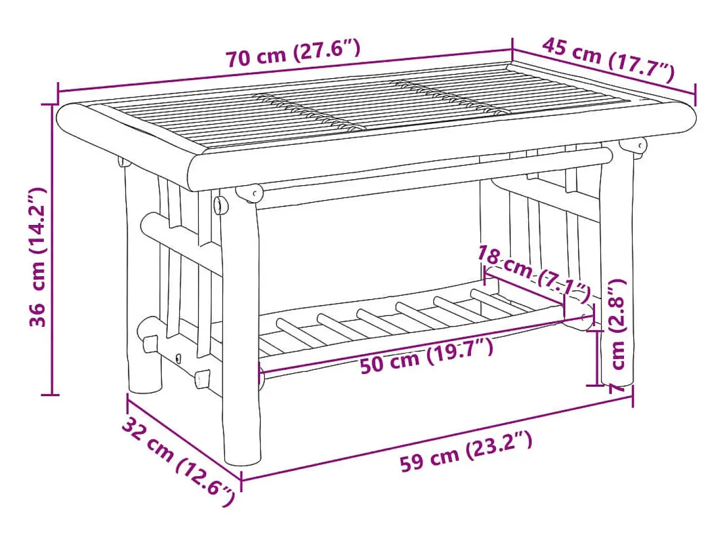Mesa de centro de bambú 70x45x36 cm