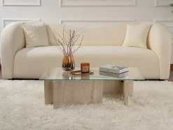 Mesa de centro de cristal templado - Efecto travertino beige y transparente - AZRA