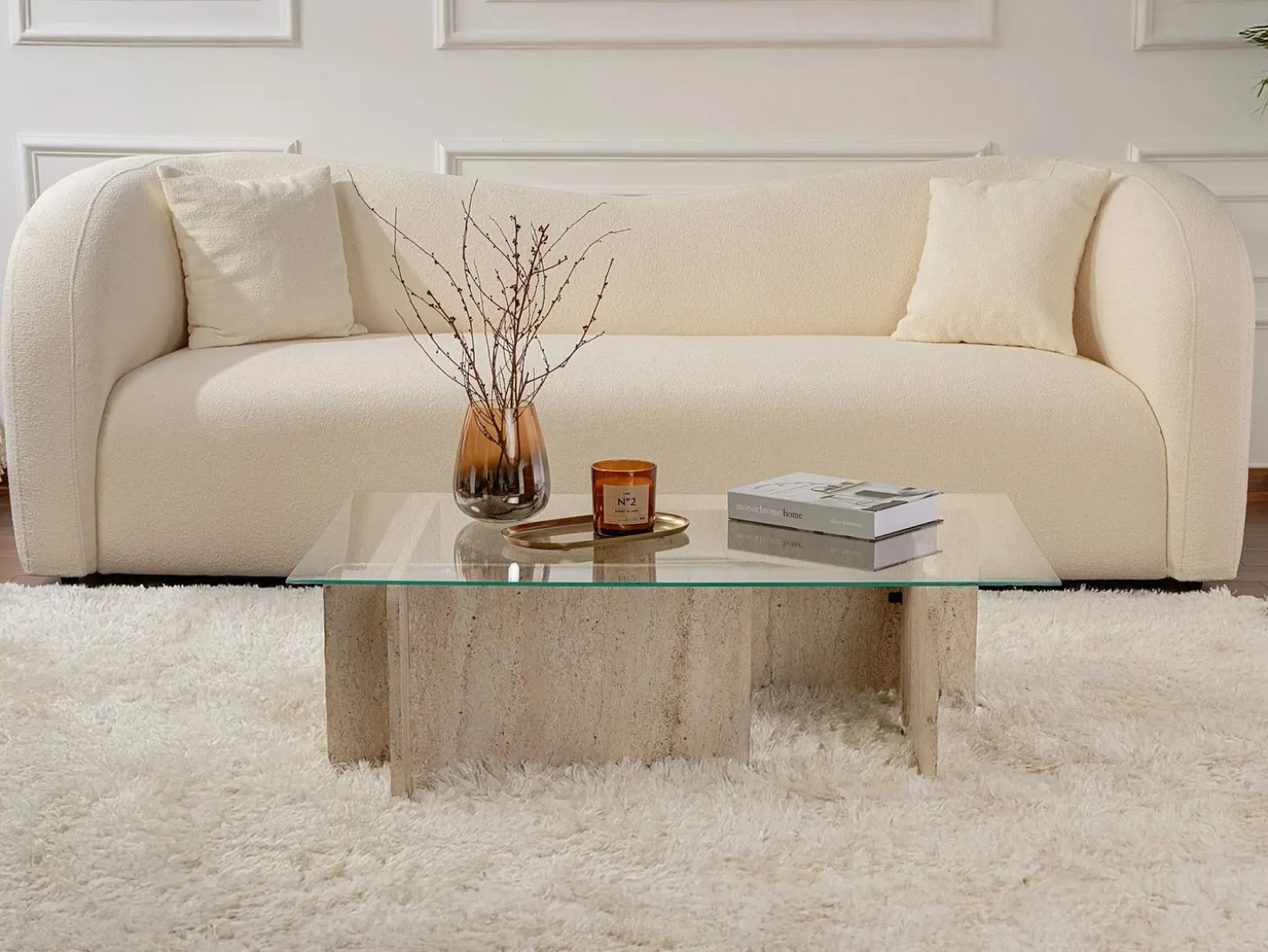 Mesa de centro de cristal templado - Efecto travertino beige y transparente - AZRA